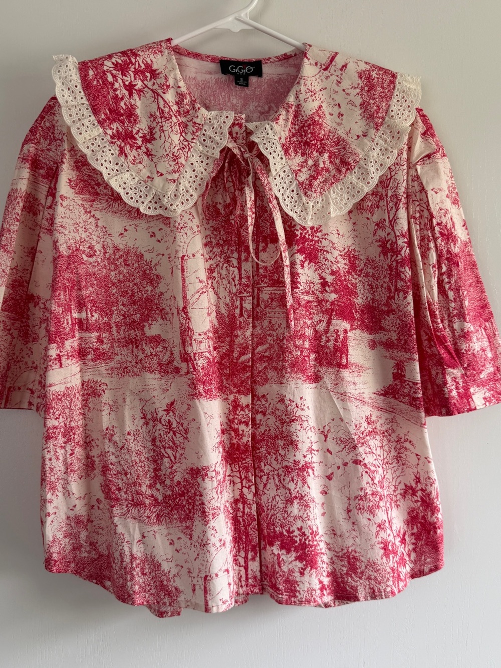 Gigio Red Toile Lace Peter Pan Collar Button-Down Blouse Top Puff Sleeve Cottage